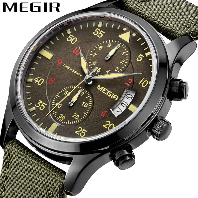 MEGIR Fashion Sport Men Quartz Watch Green Canvas Strap Date Display Luminous Hands Colorful Dial Chronograph Wrist Watches
MEGIR Fashion Sport Men Quartz Watch Green Canvas Strap Date Display Luminous Hands Colorful Dial Chronograph Wrist Watches