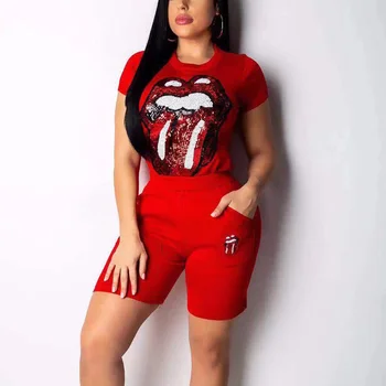 2020 European and American women's sets fashion lips pattern short-sleeved two-piece t shirt with shorts A6143
2020 European and American women's sets fashion lips pattern short-sleeved two-piece t shirt with shorts A6143