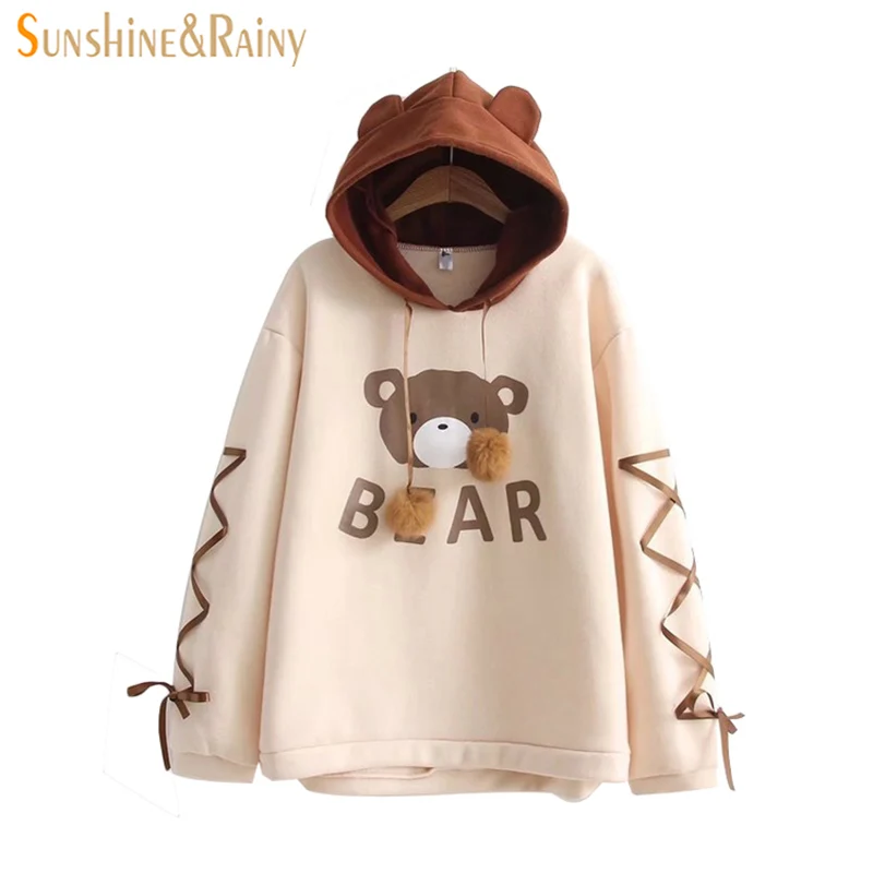 Spring New Ladies Soft Girl Cute Bear Printing Double Fur ball Hooded Ear Shirt Long Sleeved Lace Student Coat Tops moletom
Spring New Ladies Soft Girl Cute Bear Printing Double Fur ball Hooded Ear Shirt Long Sleeved Lace Student Coat Tops moletom