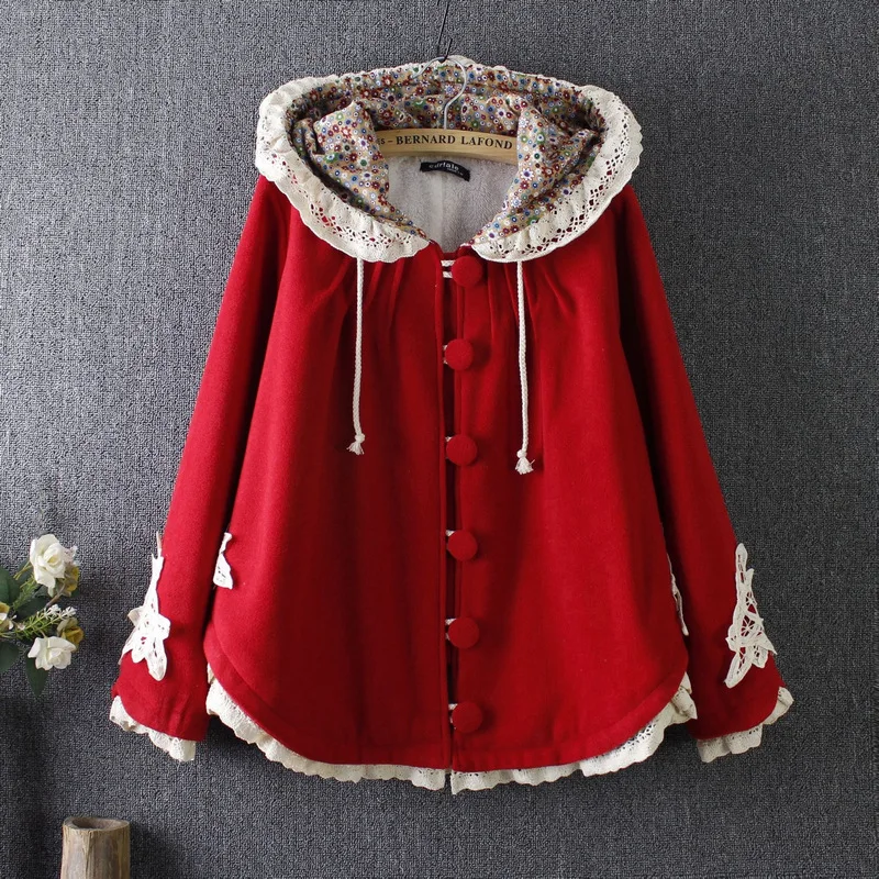 New Winter Women Jacket Mori Girl Flower Lace Patchwork Long Sleeve Hooded Wool Plus Velvet Warm Outerwear Coats
New Winter Women Jacket Mori Girl Flower Lace Patchwork Long Sleeve Hooded Wool Plus Velvet Warm Outerwear Coats