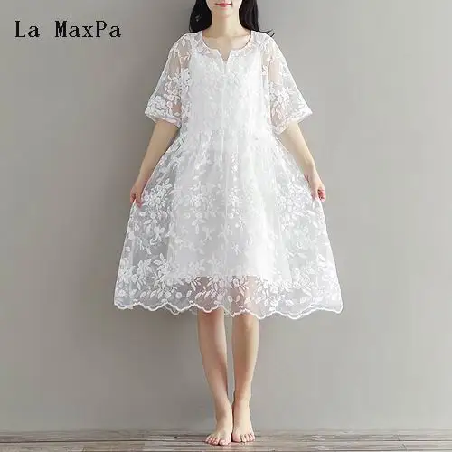 La MaxPa шифоновое платье с вышивкой летнее высокой талией женское белое кружевное
