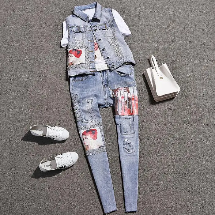 spring autumn fashion patch beaded denim vest women+anklel length skinny pencil jeans two piece sets
spring autumn fashion patch beaded denim vest women+anklel length skinny pencil jeans two piece sets