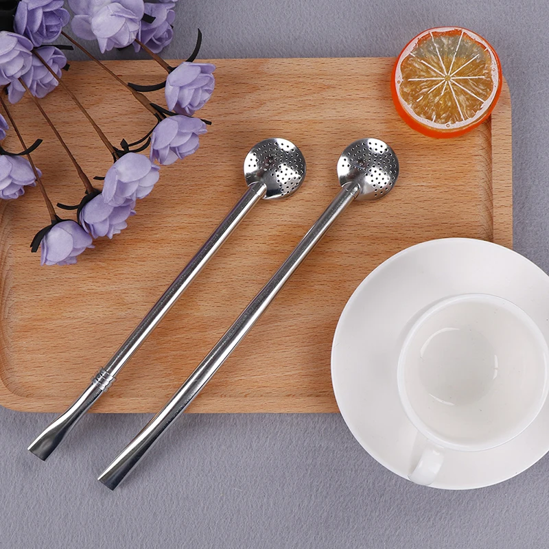 2pcs Stainless Steel Mate Straw Spoon Curved Plain Bombilla Matte Metal Filter
