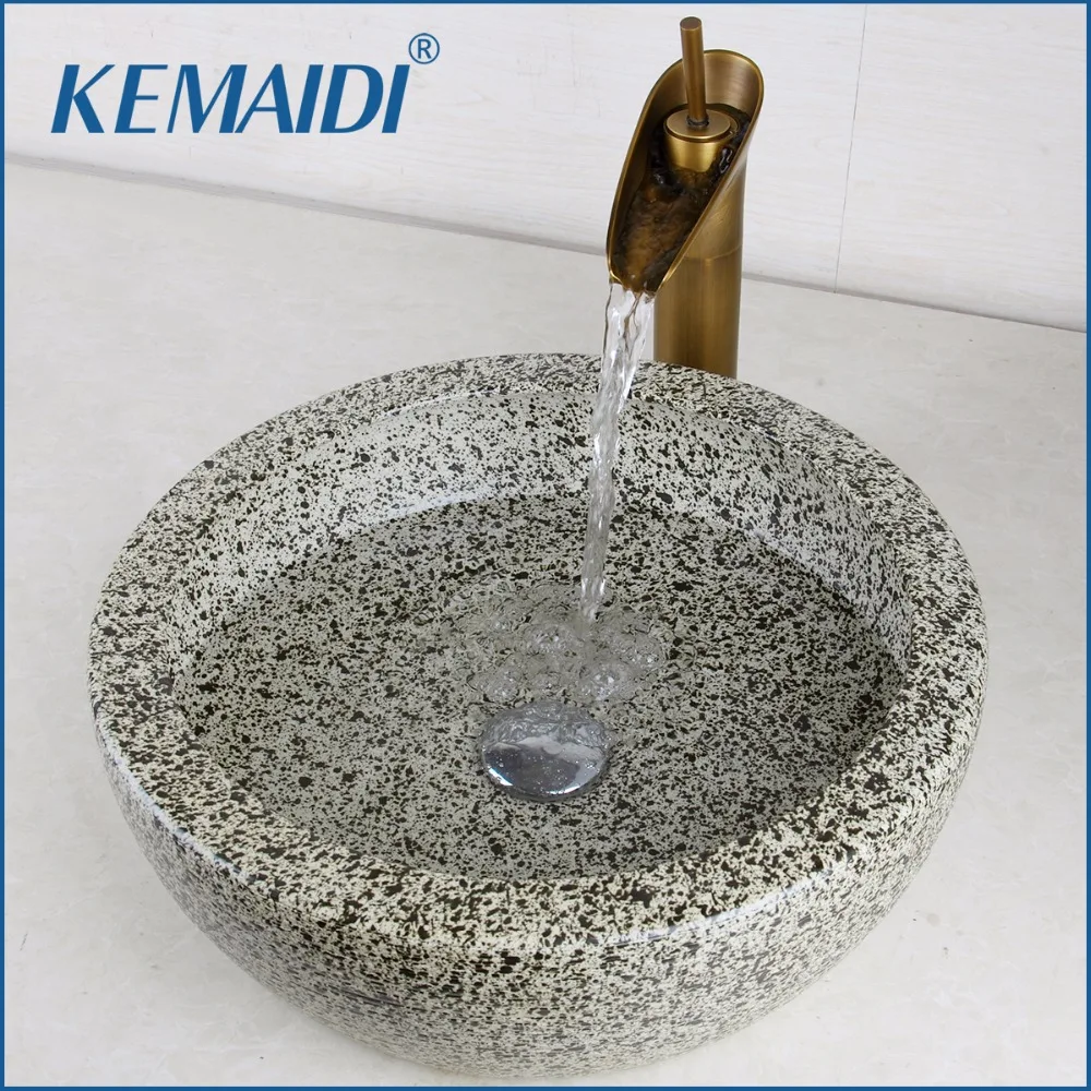 

KEMAIDI Luxury Bathroom Sink Hand Paint Washbasin Tempered Ceramic Basin Sink With Waterfall Faucet Taps Vessel Water Drain Set