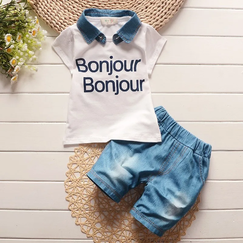 Boys Summer Casual Clothes Set Children removable denim lapel T-shirt + jeans Short Pants Suits 2016 boys Clothing Sets for Kids
Boys Summer Casual Clothes Set Children removable denim lapel T-shirt + jeans Short Pants Suits 2016 boys Clothing Sets for Kids