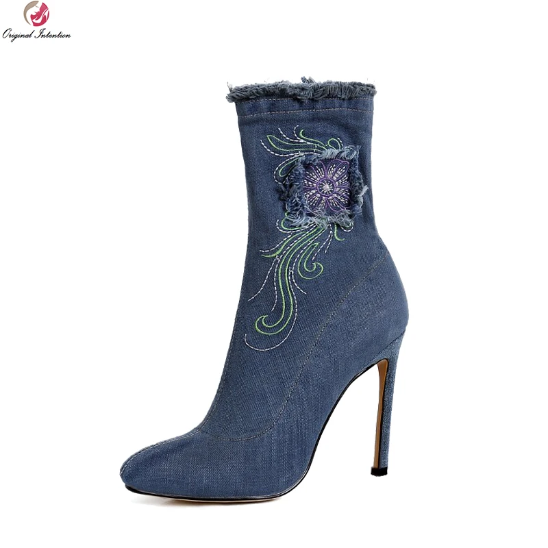 Original Intention New Sexy Women Ankle Boots Denim Round Toe Thin High Heels Boots Nice Embroider Blue Shoes Woman US Size 4-9
Original Intention New Sexy Women Ankle Boots Denim Round Toe Thin High Heels Boots Nice Embroider Blue Shoes Woman US Size 4-9
