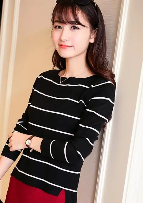 2019 spring autumn knit female Korean striped shirt collar sweater slim black and white female G622
2019 spring autumn knit female Korean striped shirt collar sweater slim black and white female G622