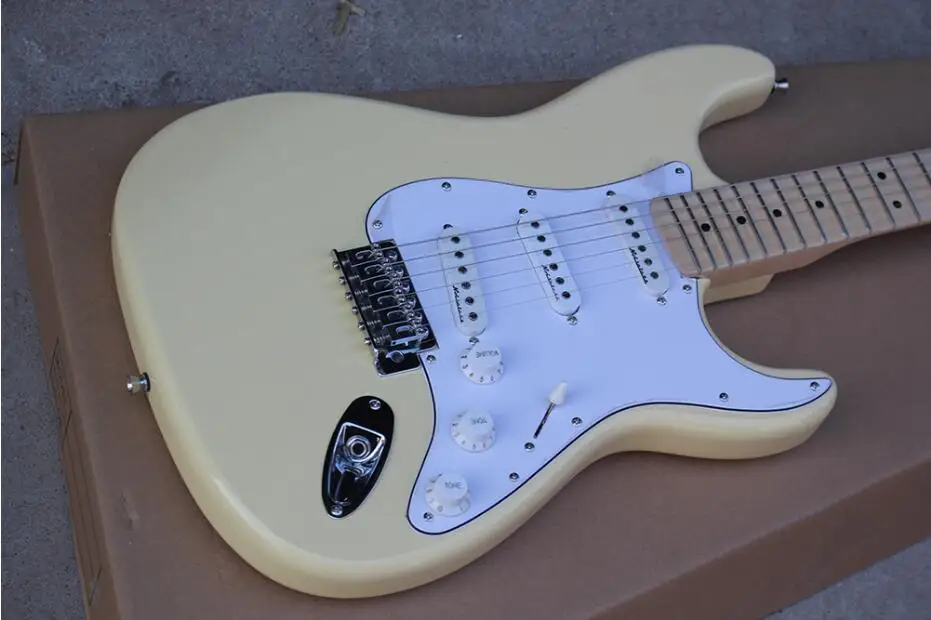 Factory Custom Milk yellow Electric Guitar with white pickguard ,Maple Fretboard, offer customized free shipping
Factory Custom Milk yellow Electric Guitar with white pickguard ,Maple Fretboard, offer customized free shipping