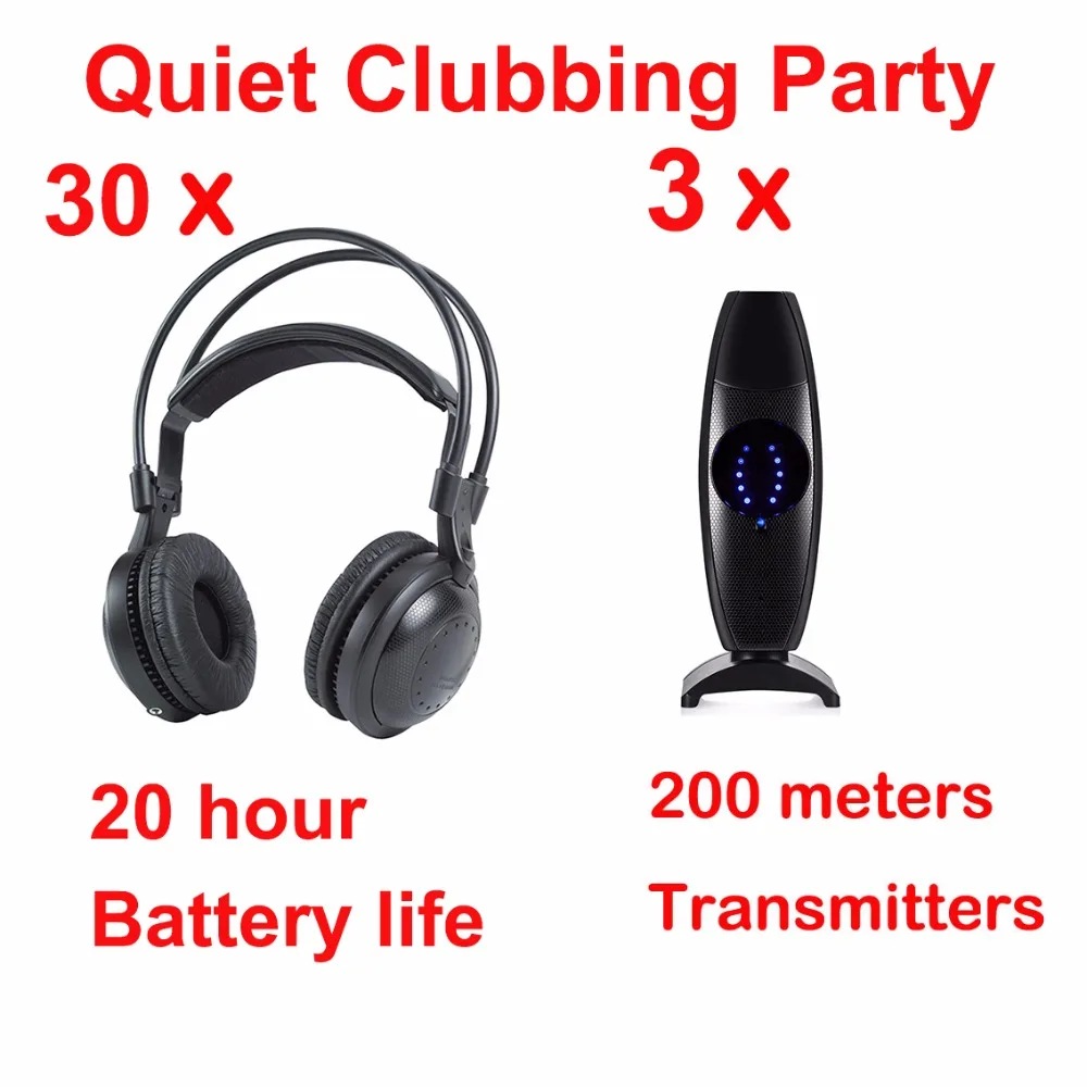 

Professional Silent Disco Compete System Wireless Headphones - Quiet Clubbing Party Bundle (30 Headsets + 3 Transmitters)