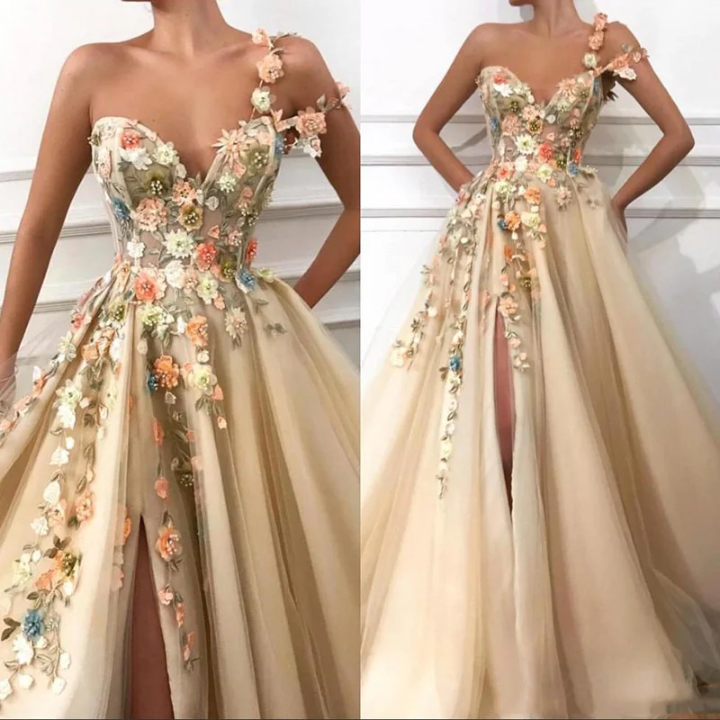 2019 One Shoulder Tulle A Line Long Prom Dresses 3D Floral Lace Applique Beaded Split Floor Length Formal Party Evening Dresses
2019 One Shoulder Tulle A Line Long Prom Dresses 3D Floral Lace Applique Beaded Split Floor Length Formal Party Evening Dresses