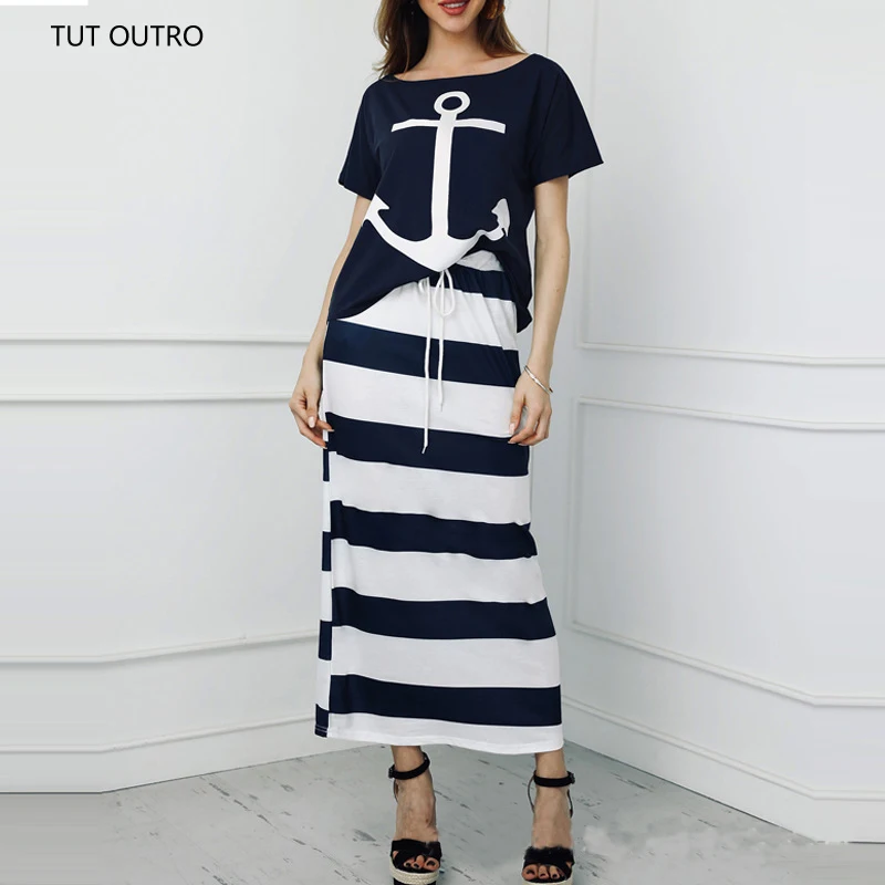 Boat Anchor Print T-Shirt & Striped Skirt Sets Women Two Piece Sets Ankle-Length Fashion Wear Casual Maxi Striped Skirts T502
Boat Anchor Print T-Shirt & Striped Skirt Sets Women Two Piece Sets Ankle-Length Fashion Wear Casual Maxi Striped Skirts T502