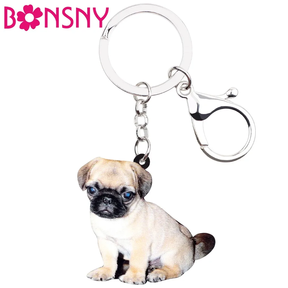 

Bonsny Acrylic Sweet Pug Dog Key Chains Keychains Rings Cartoon Animal Jewelry For Women Girls Pet Lovers Bag Car Charms Pendant