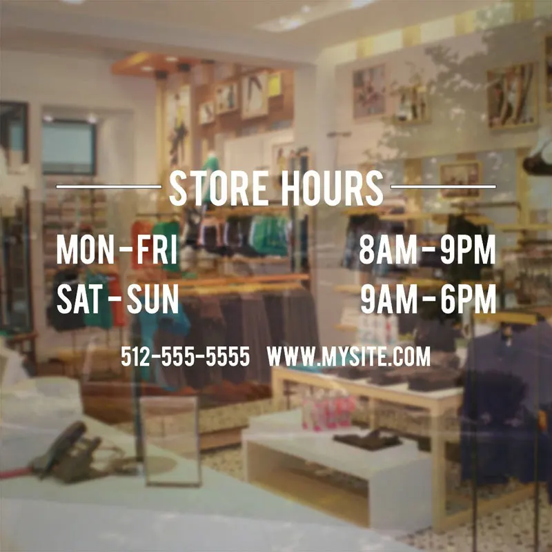 Store Business Hours Sign - Vinyl Decal Sticker Store Operation Time Window Decal Custom Website Phone No. Etc. BH11
Store Business Hours Sign - Vinyl Decal Sticker Store Operation Time Window Decal Custom Website Phone No. Etc. BH11