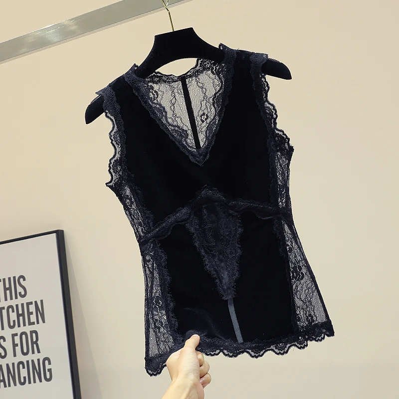 2019 New Fashion Office Lady Embroidery Hollow Out Lace V-Neck Sexy Knitted Vest Sleeveless Spring and Autumn Tops | Женская одежда