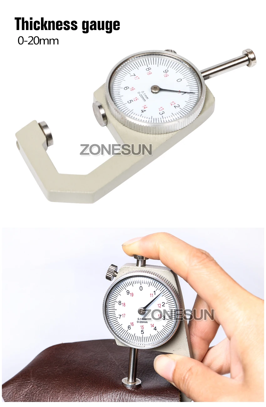 ZONEPACK 1pcs Dial Thickness Gauge Flat Head 0-10*0.1mm or 0-20*0.1mm Gage Meter Measuring Sheet Metal Leather Tester