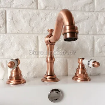 

Red Copper 3 Hole Widespread Bathroom Basin Faucet Dual Handle Faucets Deck Mounted Vessel Sink Mixer Taps Lrg042