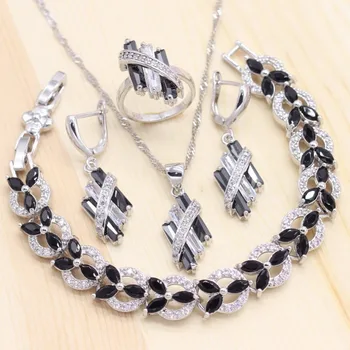 Women Silver Color Jewelry Sets Black Cubic Zirconia Earrings Pendant Necklace Wedding Ring Flower Bracelets for Gift
Women Silver Color Jewelry Sets Black Cubic Zirconia Earrings Pendant Necklace Wedding Ring Flower Bracelets for Gift