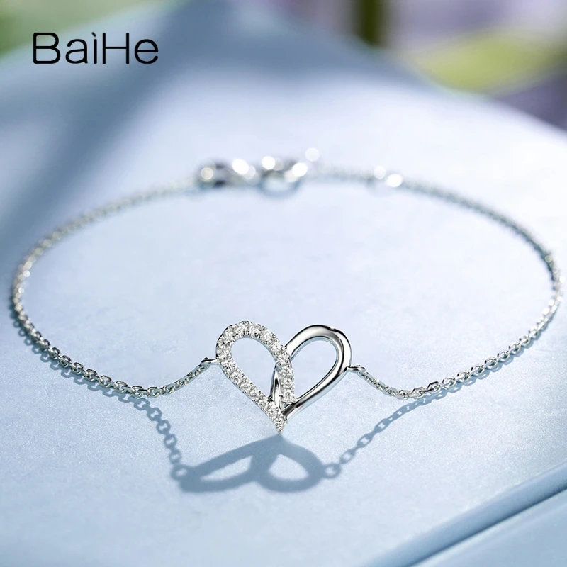 

BAIHE Solid 18K White Gold 0.08ct Natural Diamond Heart Bracelet Women Gift Trendy Fine Jewelry Making Pulsera Corazón צמיד לב
