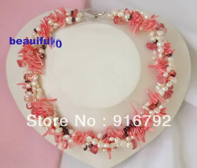 

free shipping Charming 3strands pink coral white pearl crystal Necklace