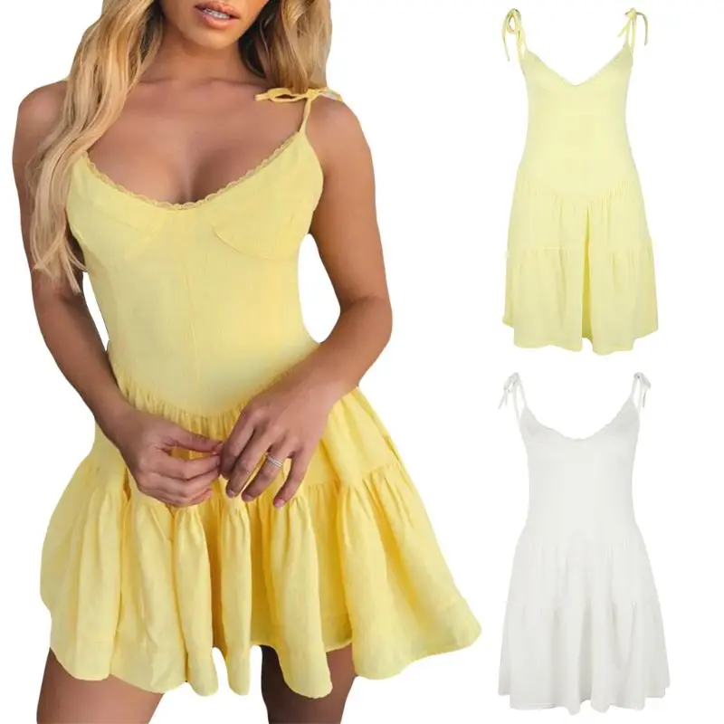 Women Summer Dress V-neck Lace Sleeveless Strappy Spaghetti Strap Swing Skater Pleated Skirt Dress Sundress
Women Summer Dress V-neck Lace Sleeveless Strappy Spaghetti Strap Swing Skater Pleated Skirt Dress Sundress