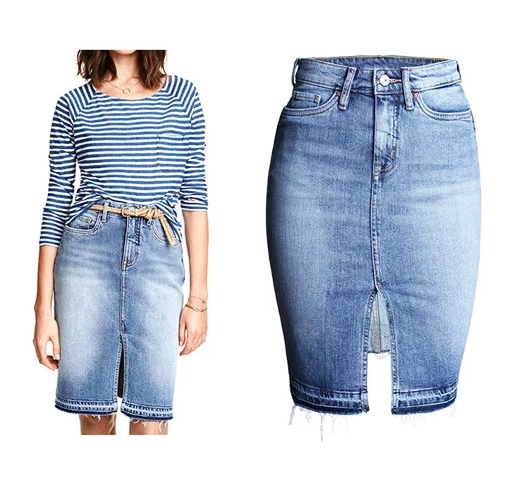 Tide section, raw hem, split skirt, washed white high waist denim skirt (2)