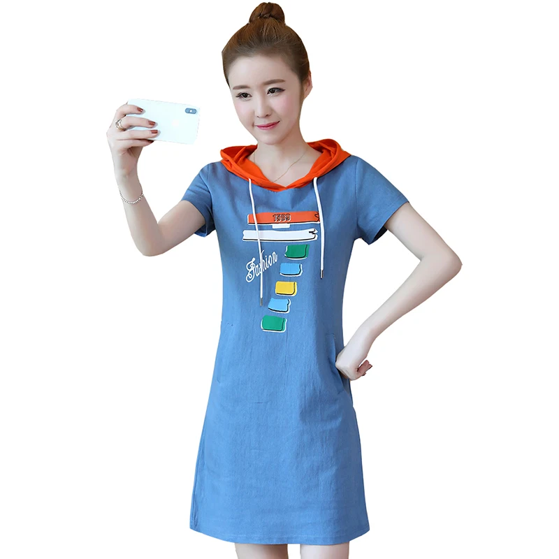 2019 new summer women's hooded dresses fashion medium long casual loose thin short-sleeved denim dress Female clothes tide
2019 new summer women's hooded dresses fashion medium long casual loose thin short-sleeved denim dress Female clothes tide