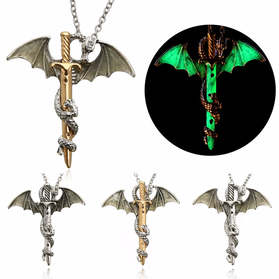 Vintage Glow in the Dark Chain Necklaces Shellhard Luminous Sword Dragon Pendant Necklace For Mens Punk Jewelry
