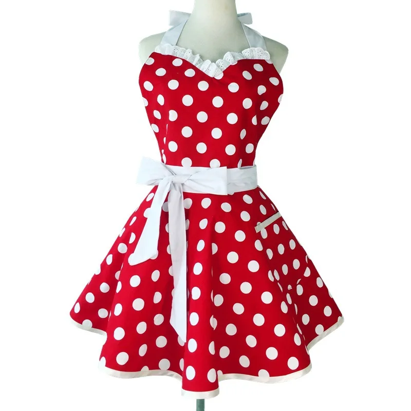 

Lovely Sweetheart Red Retro Kitchen Aprons Woman Girl Cotton Polka Dot Cooking Salon Pinafore Vintage Apron Dress Christmas