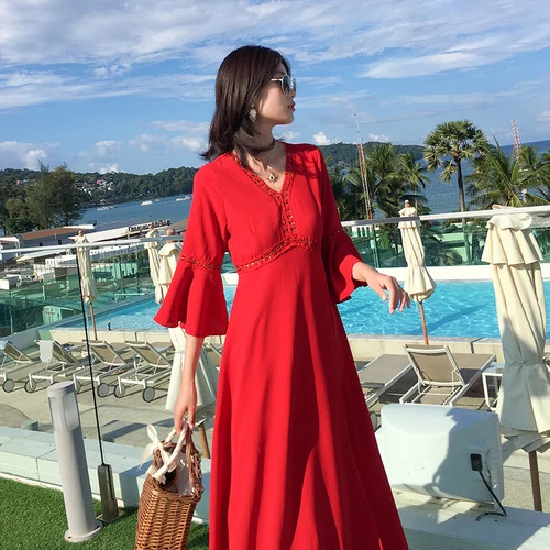 Thailand Bali Beach Holiday Women Dress V-neck A-line Solid Vestido Three Quarter Sleeves Mid-calf Womens Dresses Hollow
Thailand Bali Beach Holiday Women Dress V-neck A-line Solid Vestido Three Quarter Sleeves Mid-calf Womens Dresses Hollow