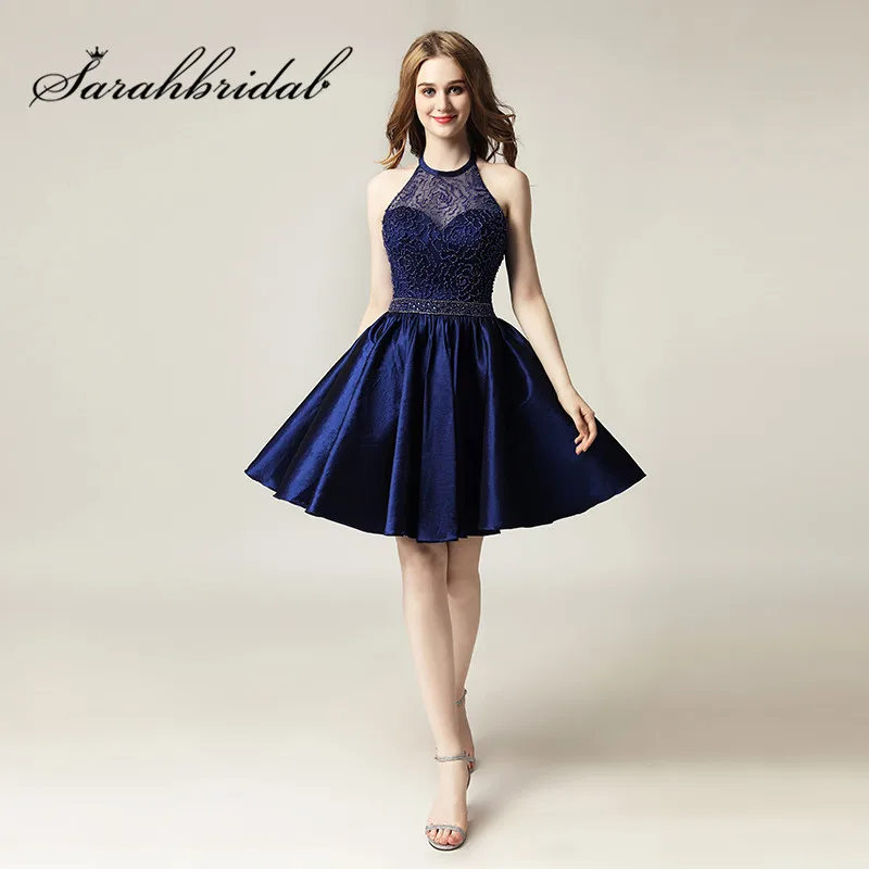 blue halter cocktail dress