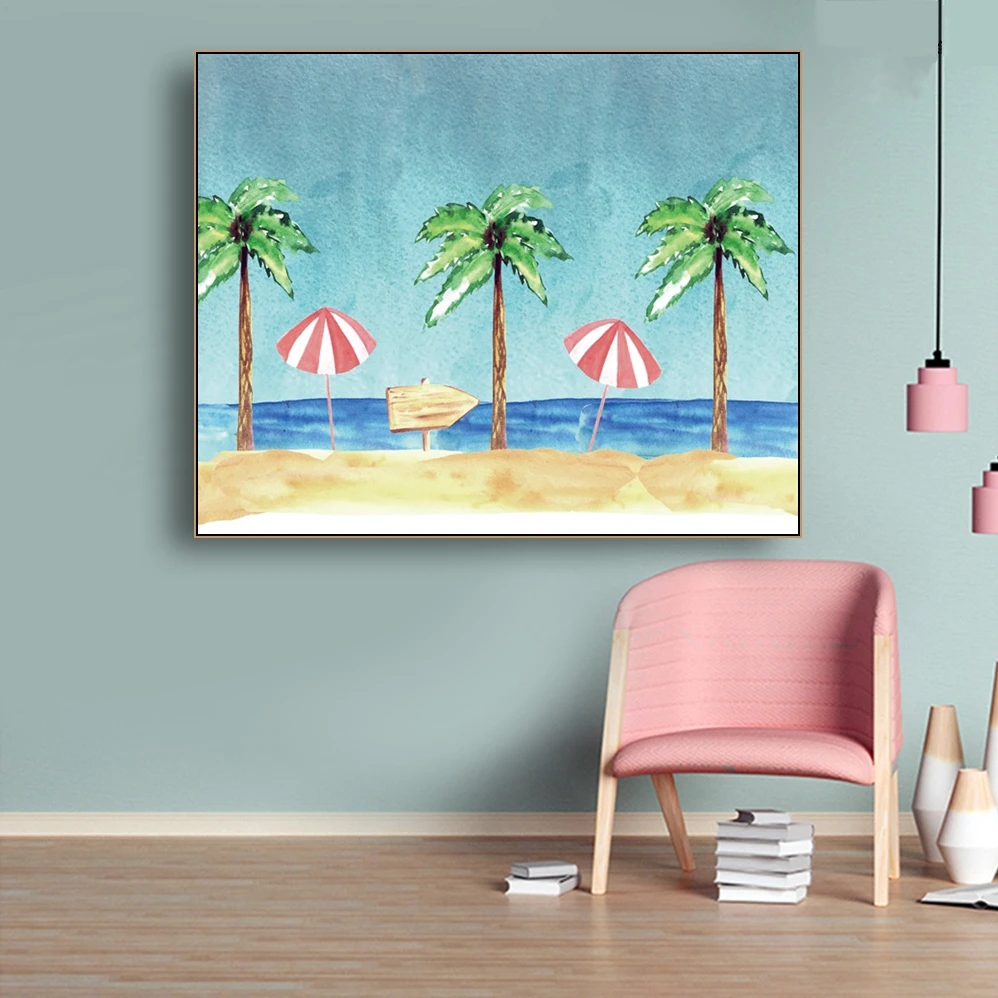 Laeacco Canvas Calligraphy Painting Summer Holiday Posters and Prints Palm Tree Wall Artwork Pictures for Living Room Decoration | Дом и сад