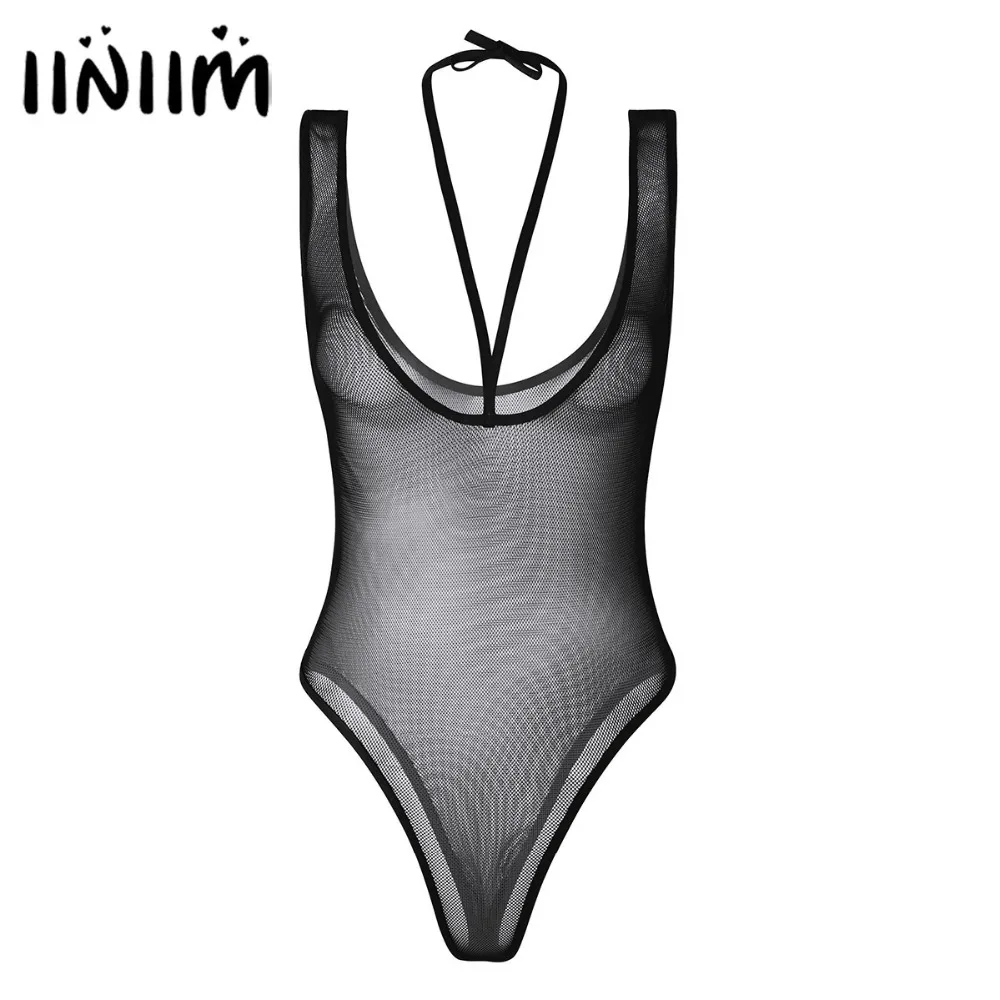 

Women Lingerie One-piece Body Suit Sleeveless Strappy Halter Fishnet See Through Naughty Teddy Bodysuit Sexy Hot Bodystocking