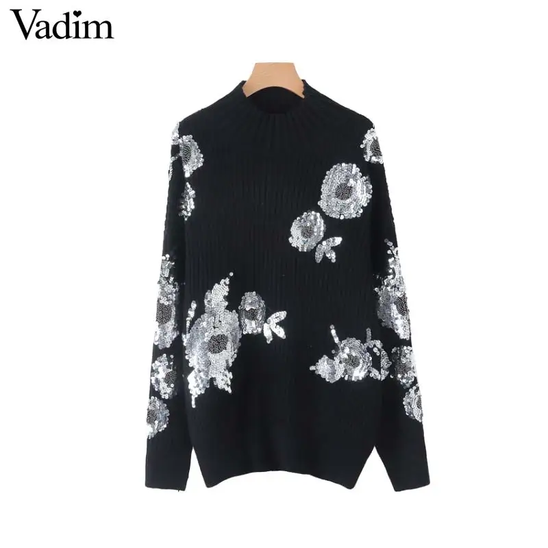 Vadim beading sequined loose knitted sweater floral pattern turtleneck long sleeve stretchy pullovers female retro tops HA225 | Женская