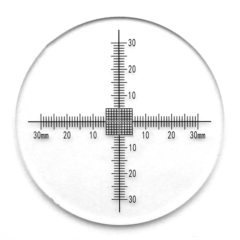 Microscope Calibration Target Micrometer with Scales Cross Ruler Grid Diameter 80 mm DIV. 1 mm Length 60 mm 10x10mm Grids
Microscope Calibration Target Micrometer with Scales Cross Ruler Grid Diameter 80 mm DIV. 1 mm Length 60 mm 10x10mm Grids
