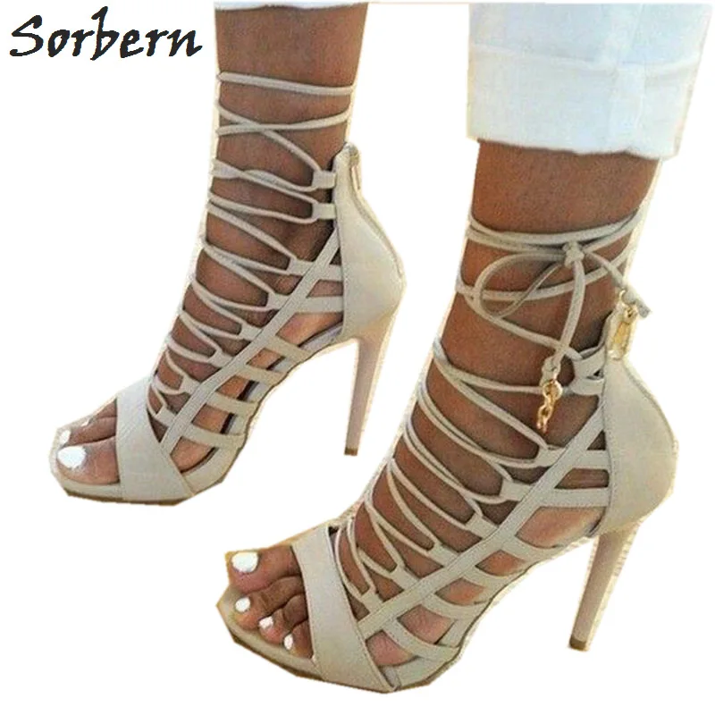 Sorbern Mid-Calf Women Boots Plus Size Spike Heels 18CM Ladies Party Shoes Pointed Toe Lace Up Unisex Dance Party Boots Sexy