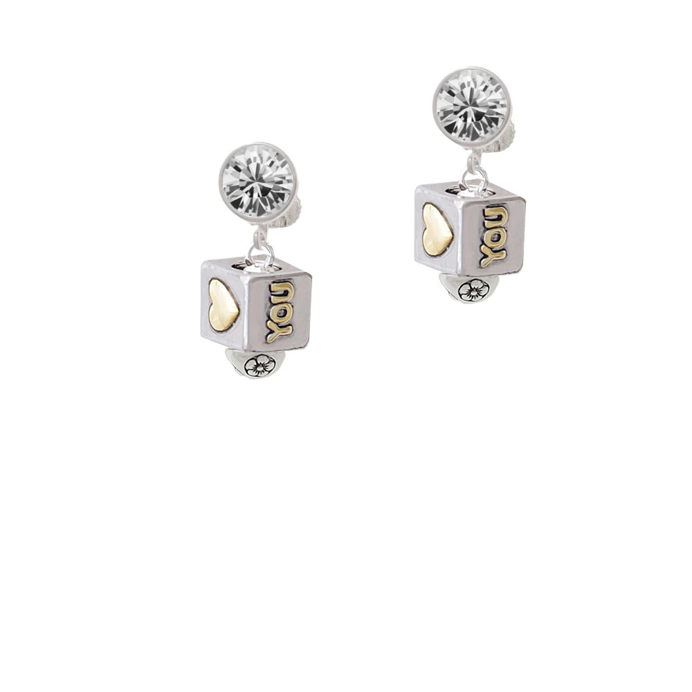 Two Tone Love You Square Spinner Crystal Clip On Earrings (1)