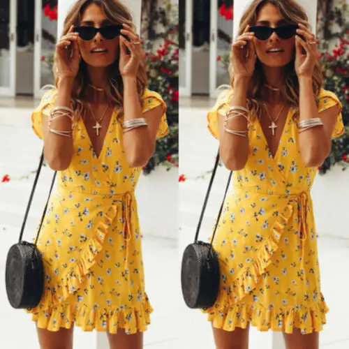 Summer Sweet Fashion Lady Womens Flower Yellow Holiday Sexy V-neck Printing Wrap Dresses Short Sleeve Ladies Deep Ruffles Dress
Summer Sweet Fashion Lady Womens Flower Yellow Holiday Sexy V-neck Printing Wrap Dresses Short Sleeve Ladies Deep Ruffles Dress