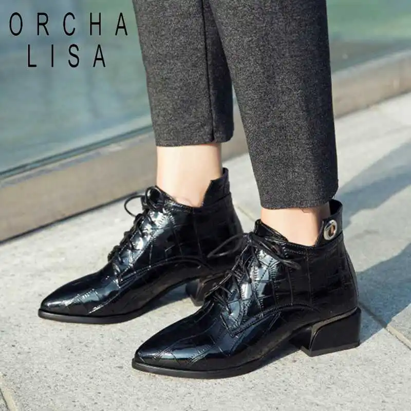 ORCHA LISA Patent Leather Spring Ankle Boots Square low Heel lace up Boots Ladies Womens Boots Black beige Shoes plus size C97
ORCHA LISA Patent Leather Spring Ankle Boots Square low Heel lace up Boots Ladies Womens Boots Black beige Shoes plus size C97