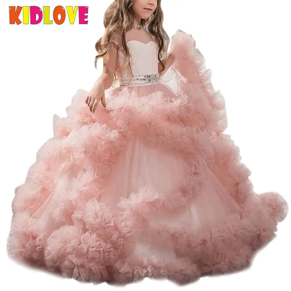 

KIDLOVE Baby Girls Wedding Party Dresses Pink Ball Gown Princess Dress Long Flower Toddler Pageant Gowns Bubble Communion Dress