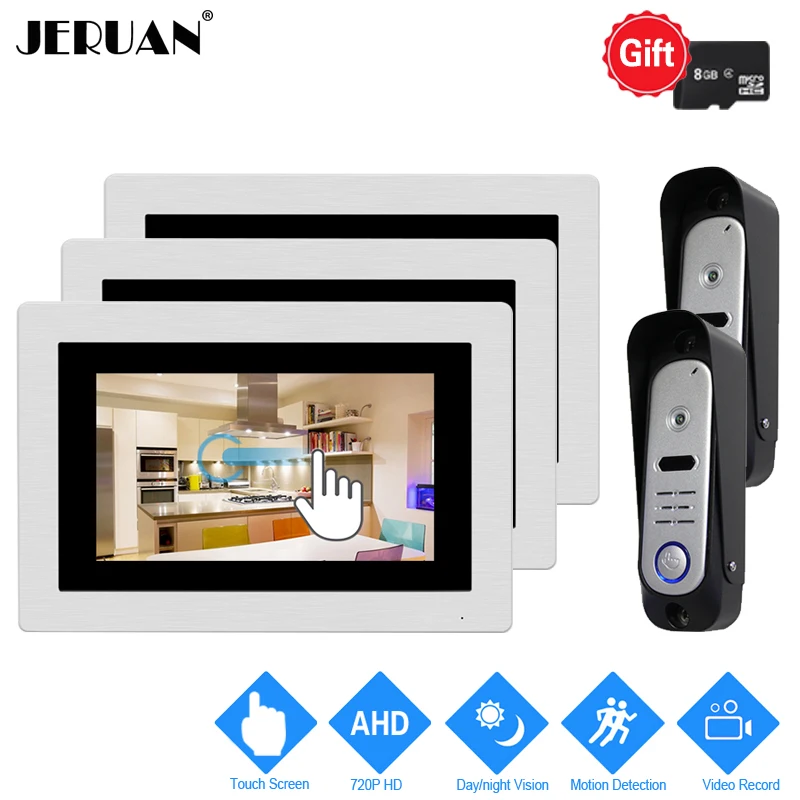 

JERUAN 7`` Touch Screen Video Door Phone Intercom System 720P AHD HD Motion Detection 3 Record Monitor+2 Waterproof Camera 2V3
