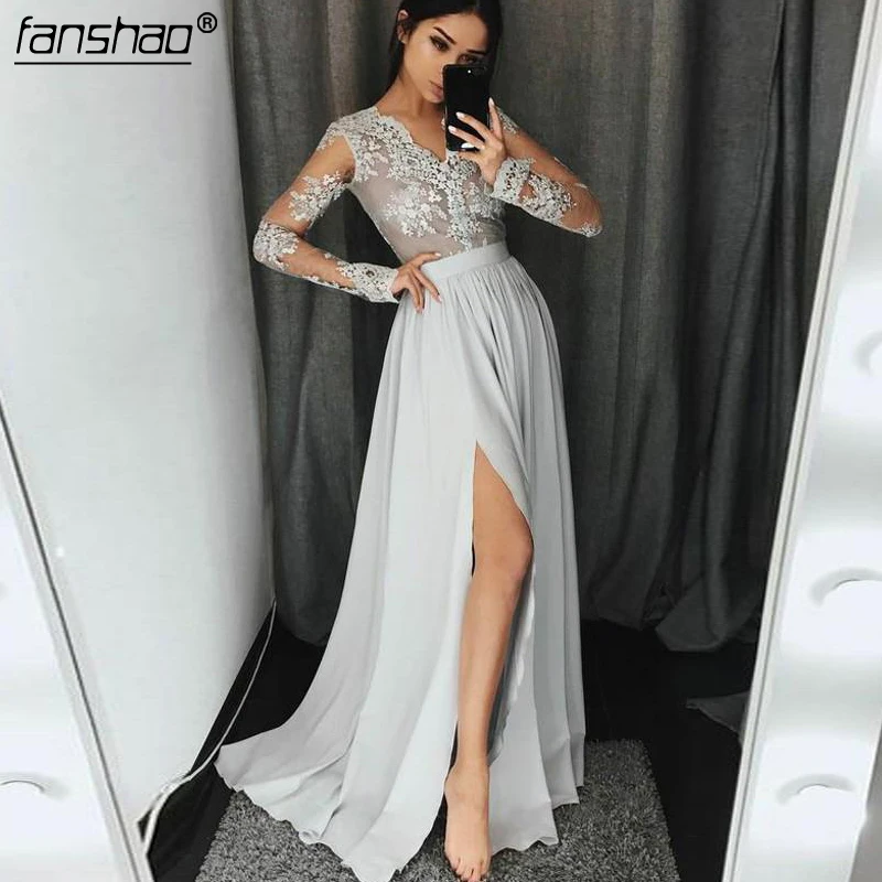 Silver 2019 Cheap Prom Dresses v-neck High Slit Chiffon Lace Sexy Party Maxys Long Prom Gown Evening Dresses Robe De Soiree
Silver 2019 Cheap Prom Dresses v-neck High Slit Chiffon Lace Sexy Party Maxys Long Prom Gown Evening Dresses Robe De Soiree