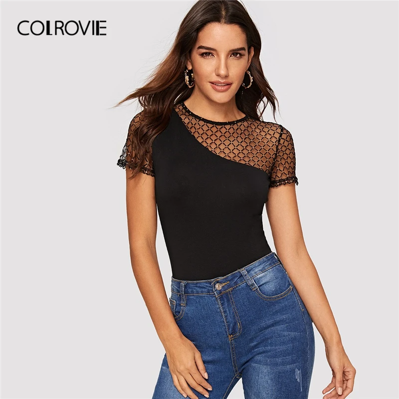 COLROVIE Black Solid Rhinestone Mesh Shoulder Form Fitted Preppy T-Shirt Women 2019 Spring Short Sleeve Casual Tops And Tees
COLROVIE Black Solid Rhinestone Mesh Shoulder Form Fitted Preppy T-Shirt Women 2019 Spring Short Sleeve Casual Tops And Tees