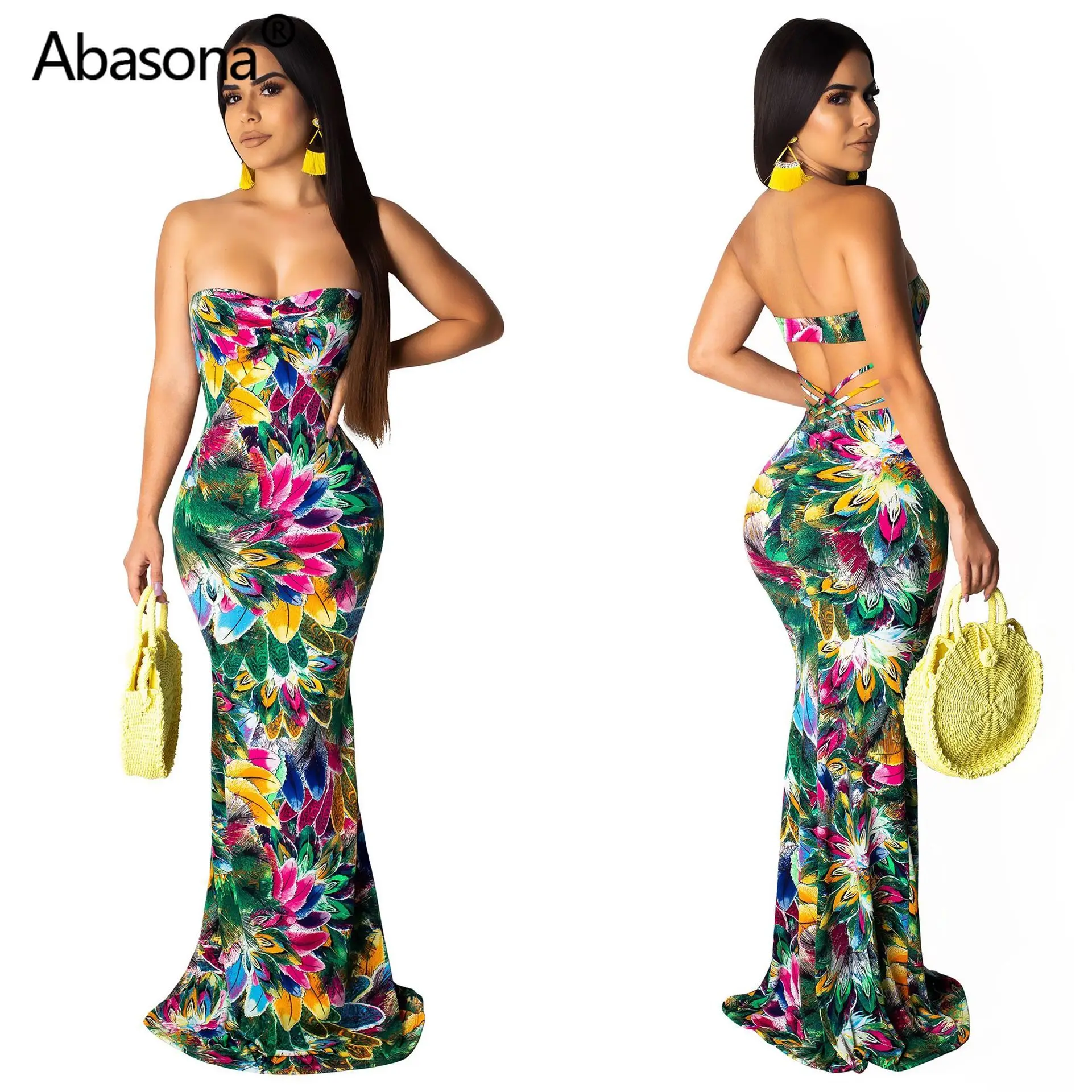 

2019 Women Summer Peacock Print Strapless Sexy Club Party Long Beach Dress Night Bodycon Mermaid Maxi Midi Dress Vestidos