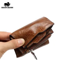 BISON DENIM mężczyźni portfele skóra bydlęca portfel męski krótki moneta kiesa Vintage zamek portfel marka designerski portfel Slim cienki W4454(China)