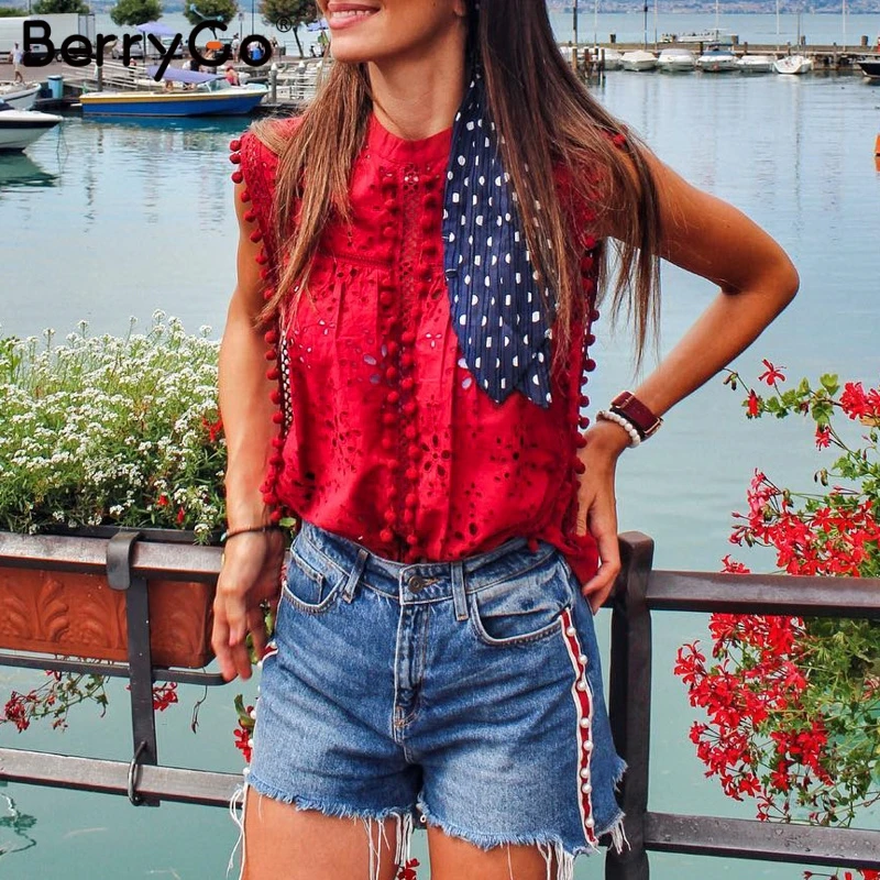 BerryGo Elegant streetwear tank women top Cotton embroidery red shirts feminina sexy top Stand neck tasssel pompon top female
BerryGo Elegant streetwear tank women top Cotton embroidery red shirts feminina sexy top Stand neck tasssel pompon top female