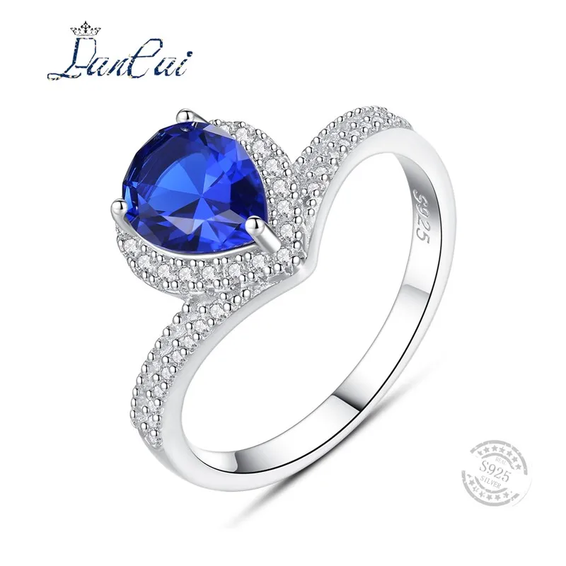 LANCAI Fashion 925 Sterling Silver Ring Genuine Created Water Drop Blue Sapphire for Women Fine Jewelry Gift Hot Selling | Украшения и