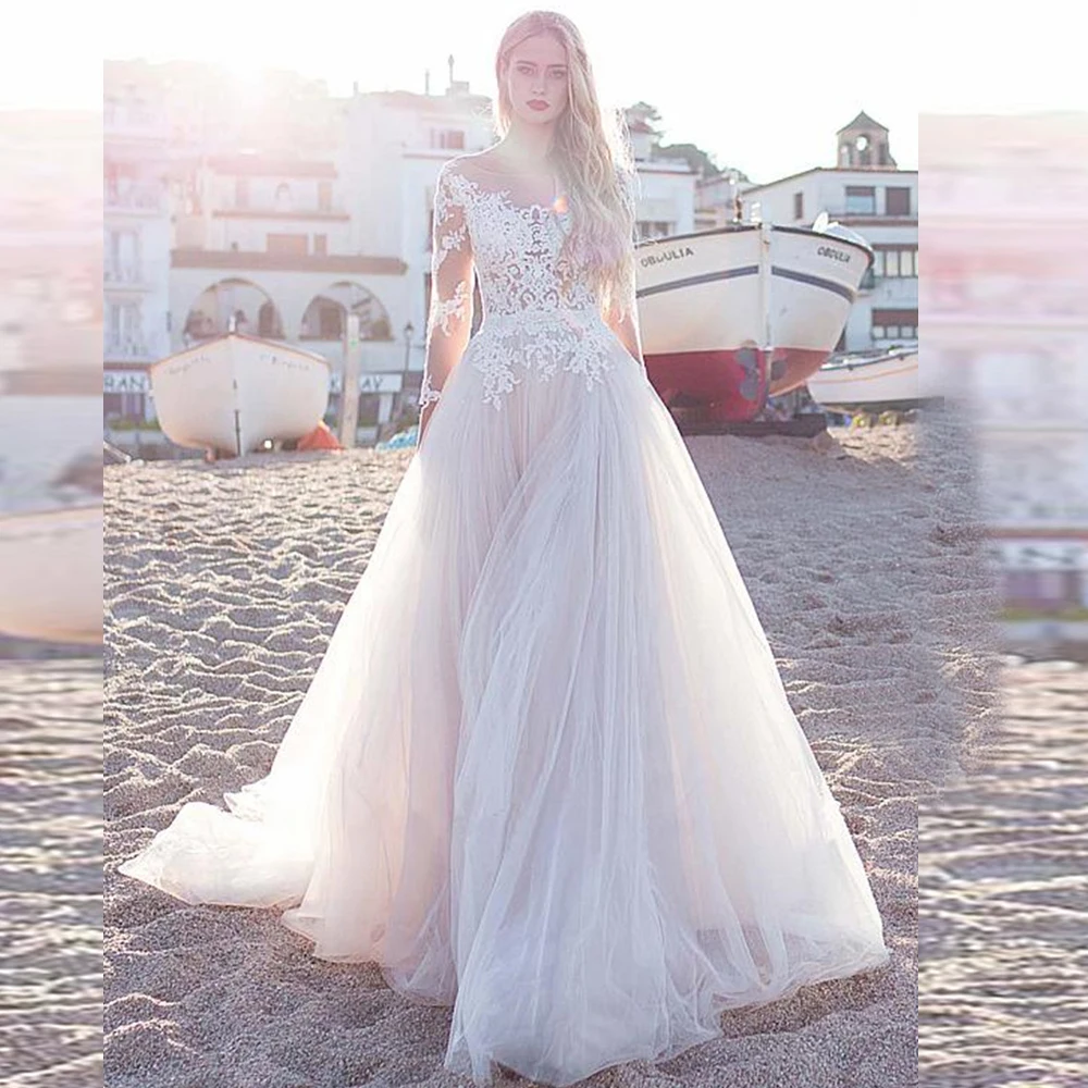 2019 Fascinating Tulle Scoop Neckline A Line Wedding Dresses With Lace Appliques Long Sleeves Beach Wedding Bridal Dress F96
2019 Fascinating Tulle Scoop Neckline A Line Wedding Dresses With Lace Appliques Long Sleeves Beach Wedding Bridal Dress F96