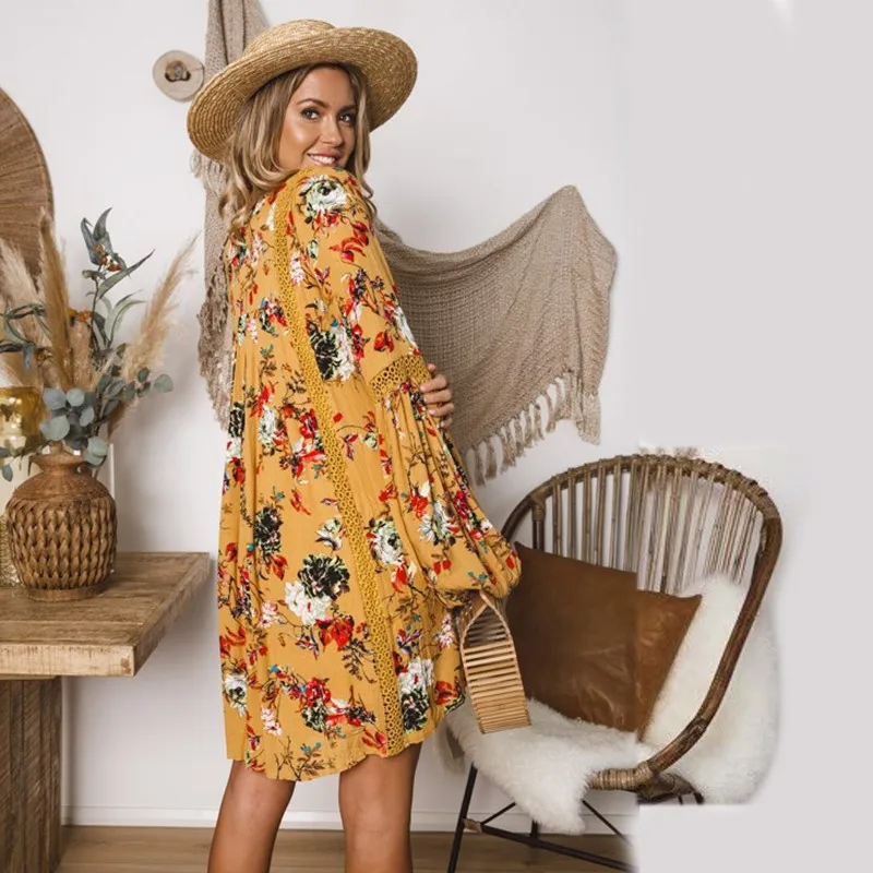 yinlinhe Yellow Florla Bohemian Summer Dress Long Lantern Sleeve V neck Beach Dress Women Hollow Out Loose Elegant Vestidos 8