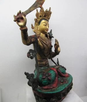 13 Tibet Bronze inlay beryl turquoise coral Hold Sword Manjusri Kwan-Yin Buddha
13 Tibet Bronze inlay beryl turquoise coral Hold Sword Manjusri Kwan-Yin Buddha