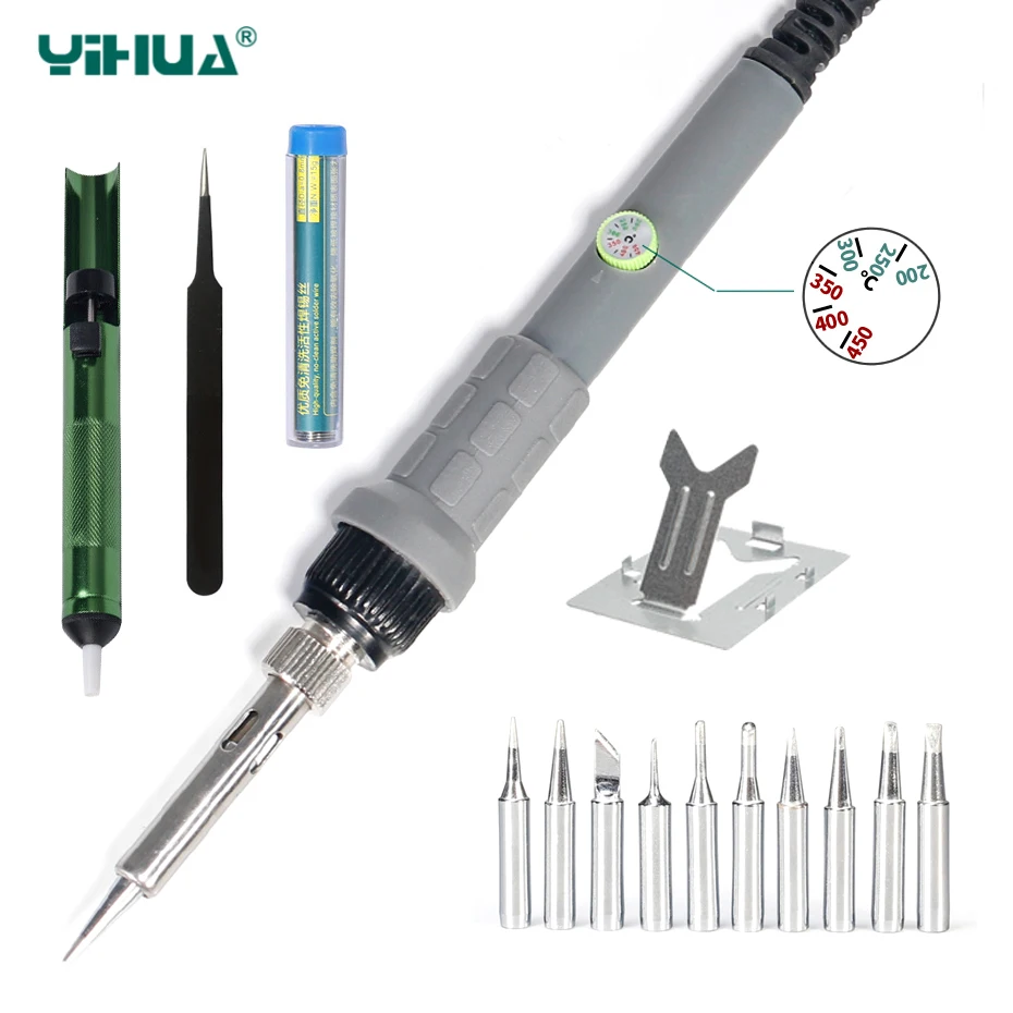 YIHUA 60W Electrical Soldering Iron Kit Adjustable Temperature Rework Welding Tool Soldering Station 10pcs Iron Tips Solder Wire
YIHUA 60W Electrical Soldering Iron Kit Adjustable Temperature Rework Welding Tool Soldering Station 10pcs Iron Tips Solder Wire